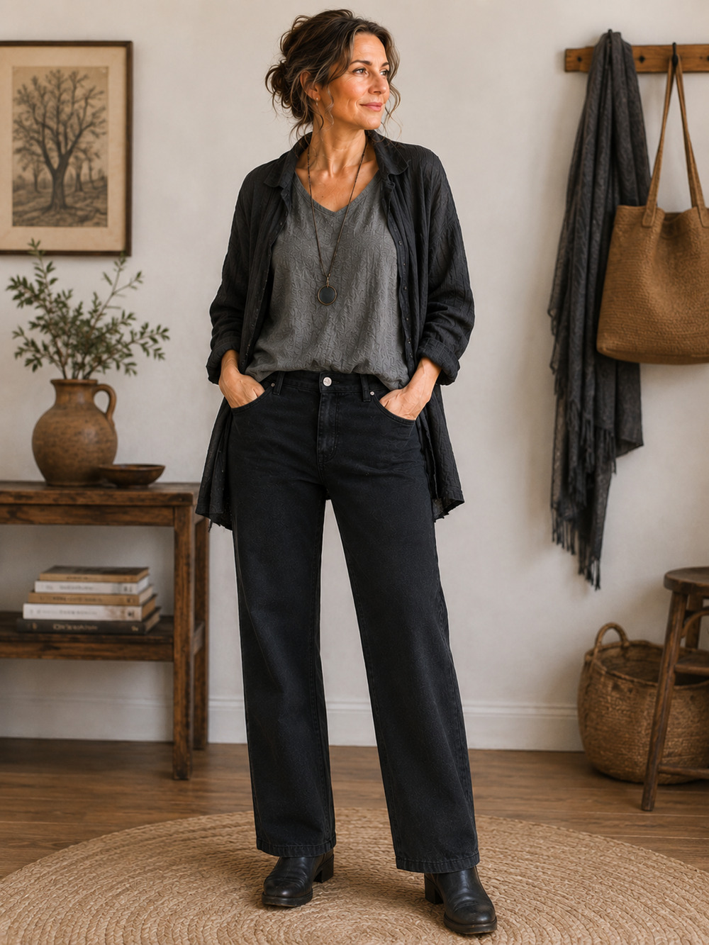 Eileen Fisher Women's Black Large Organic Cotton Stretch Straight Leg Denim Jean